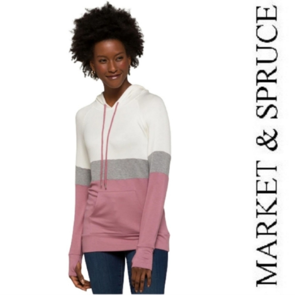 Market & Spruce Pink, Cream and Gray Colorblock Hoodie Lightweight Nwt L